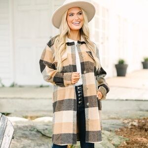 Camel Brown Plaid Button-Down Long Shacket, Pockets, Women’s S, Thick